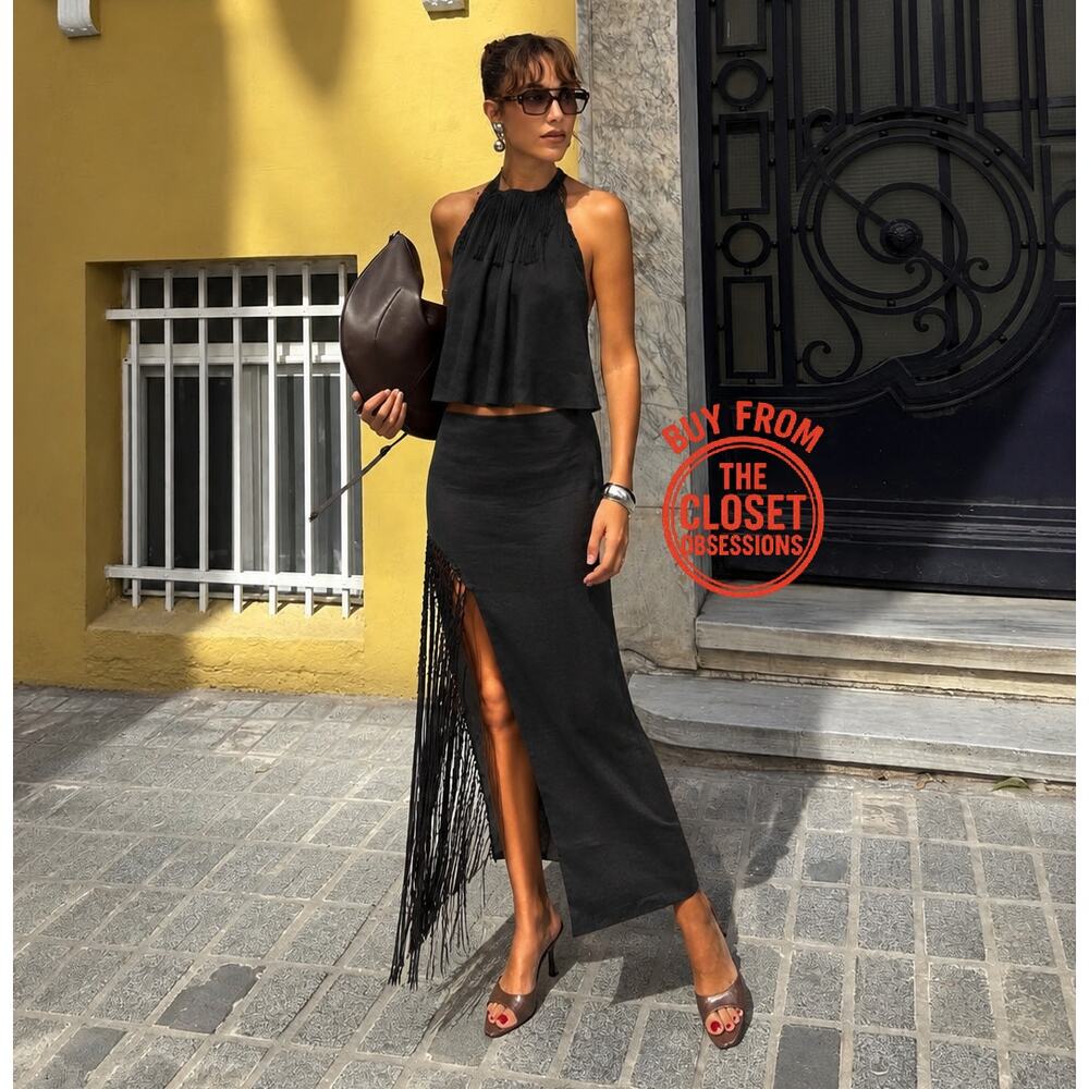 Zara NWT Black Linen Fringe Co-Ord Set Top Skirt L - Picture 4 of 16